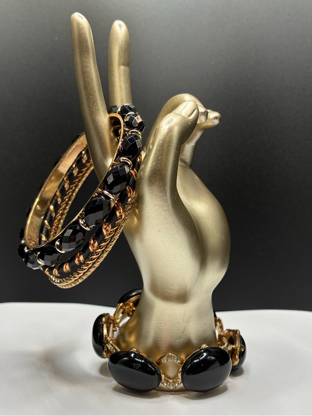 Vintage Mix Set Of Five Gold/Black Bangles One Stretch.